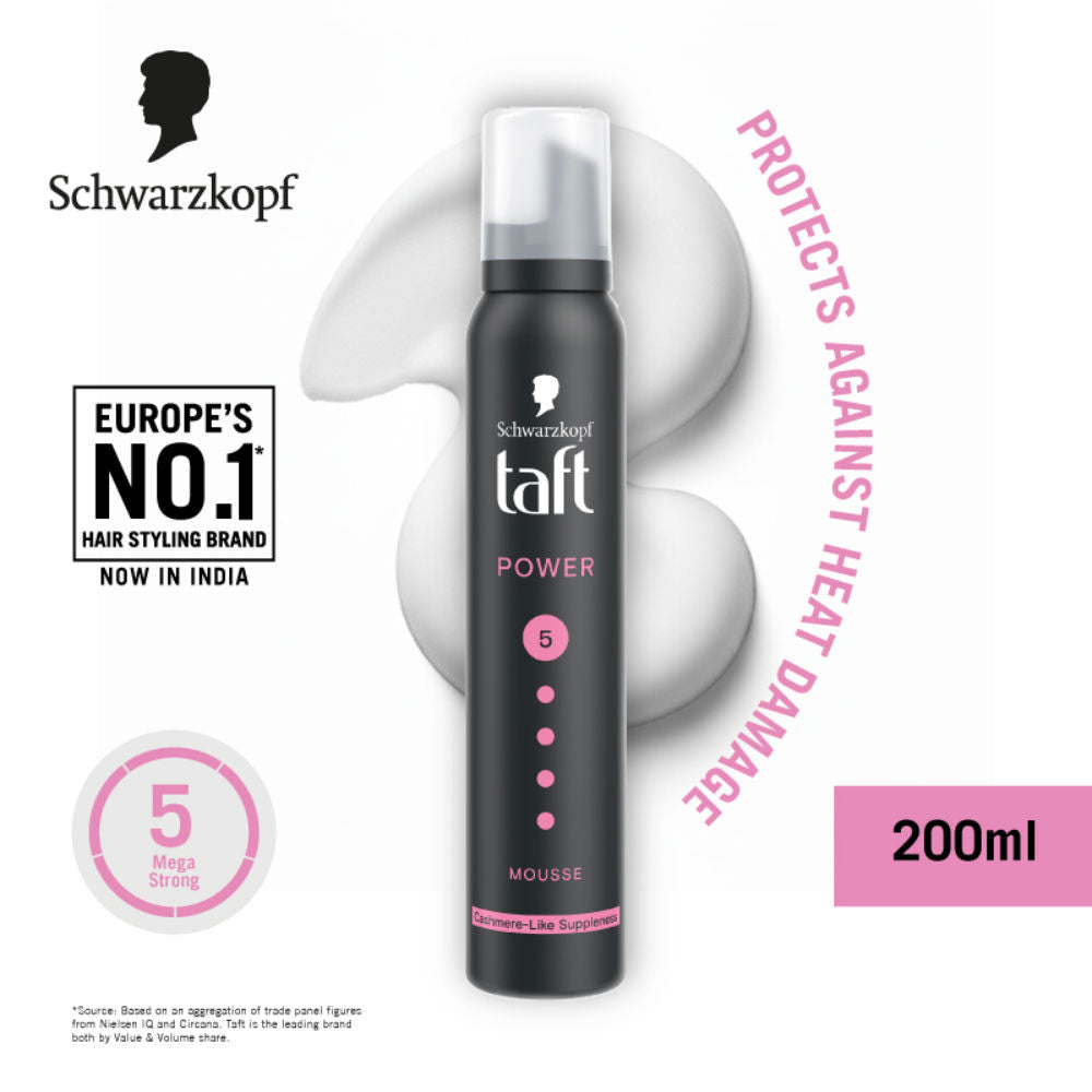 Schwarzkopf TAFT Power Hold 5 Hair Mousse To Controls Frizz, Lasts 24 Hours With No Stickiness, 200ml