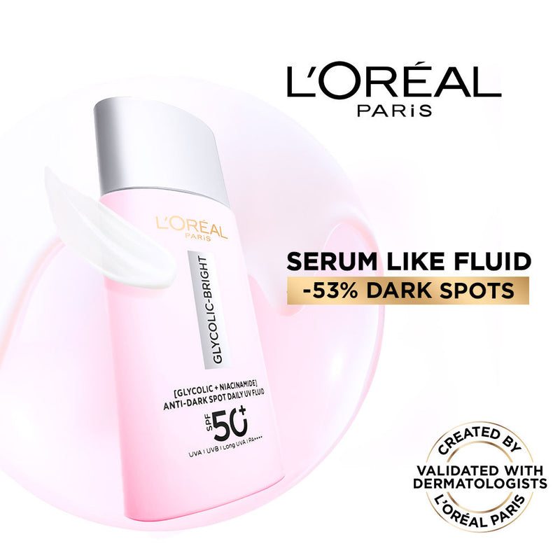 L'Oreal Paris Glycolic-Bright UV Fluid SPF 50+ PA++++ Anti-Dark Spot Fluid Sunscreen, 50ml Buy at Indicrest