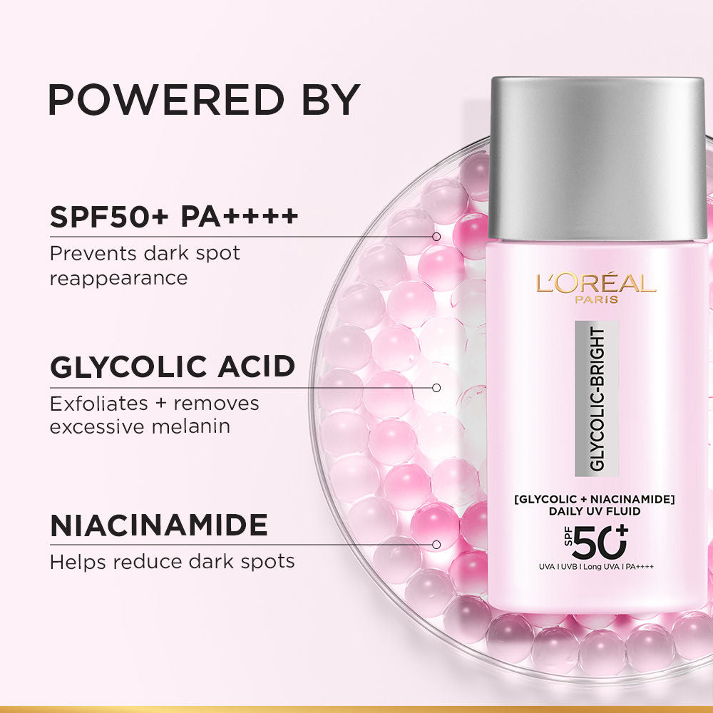 L'Oreal Paris Glycolic-Bright UV Fluid SPF 50+ PA++++ Anti-Dark Spot Fluid Sunscreen, 50ml Buy at Indicrest Image 2