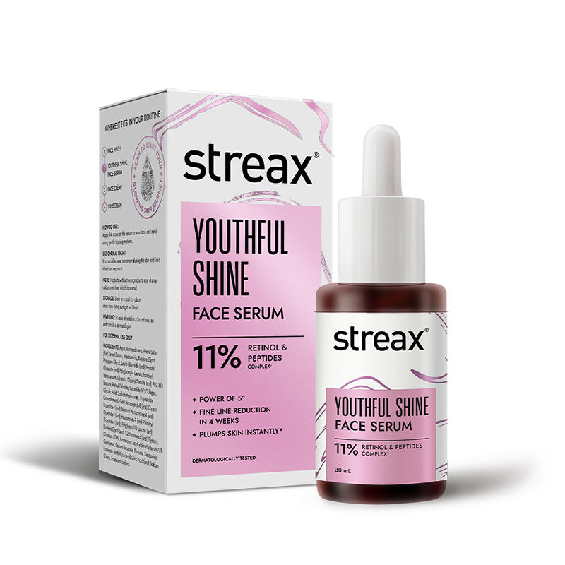 Streax Youthful Shine Face Serum With 11% Retinol Peptide Complex, Reduces Fine Lines & Wrinkles, 30ml Buy at Indicrest Image 3