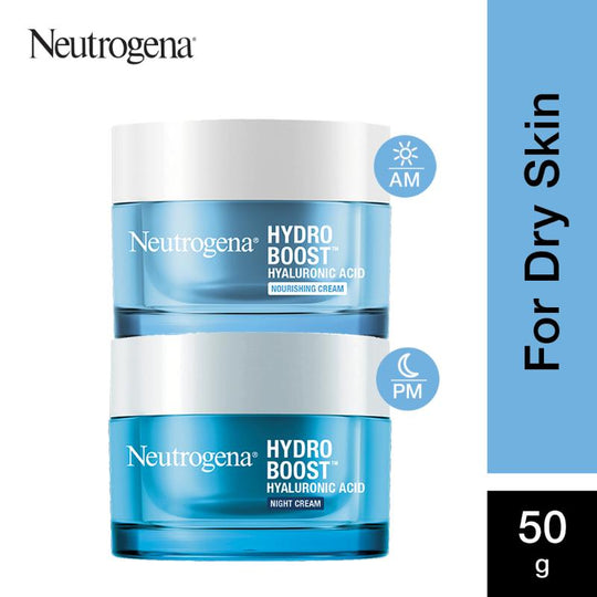 Neutrogena AM PM Routine Hydro Boost Hyaluronic Acid Water Gel 72 Hr Hydration For Dry Skin, Water Gel 50g + Night Cream 50g
