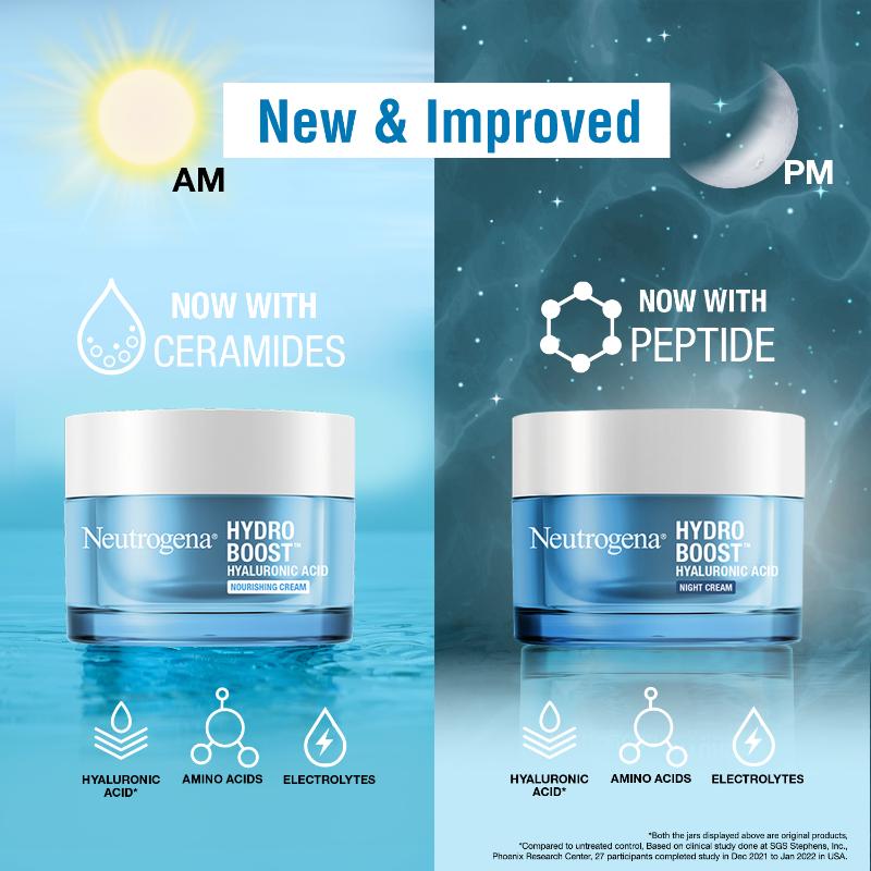 Neutrogena AM PM Routine Hydro Boost Hyaluronic Acid Water Gel 72 Hr Hydration For Dry Skin, Water Gel 50g + Night Cream 50g