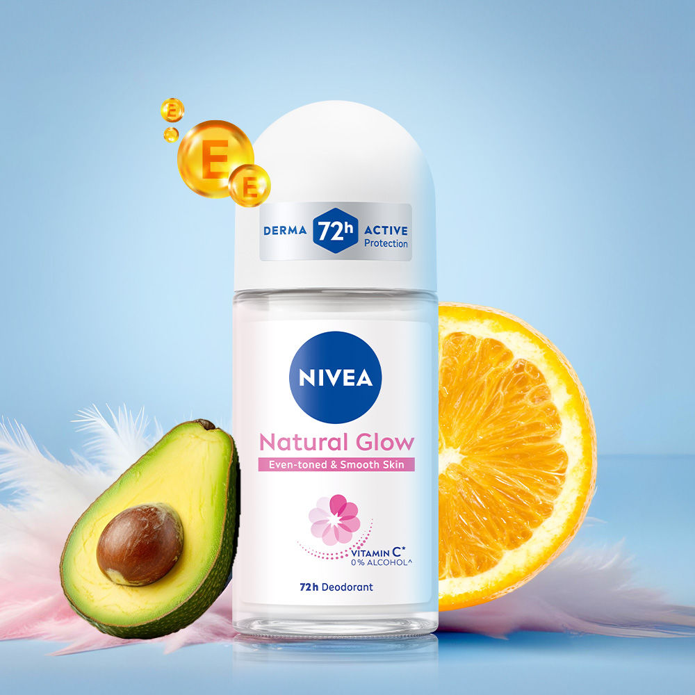 Nivea Natural Glow Even Toned Vit C & 0% Alcohol Deo Underarm Roll On 72Hr Active Protection Smooth Skin, 50ml Buy at Indicrest Image 2