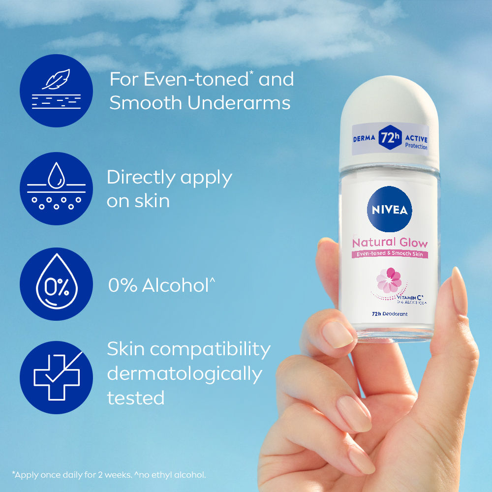 Nivea Natural Glow Even Toned Vit C & 0% Alcohol Deo Underarm Roll On 72Hr Active Protection Smooth Skin, 50ml Buy at Indicrest Image 4