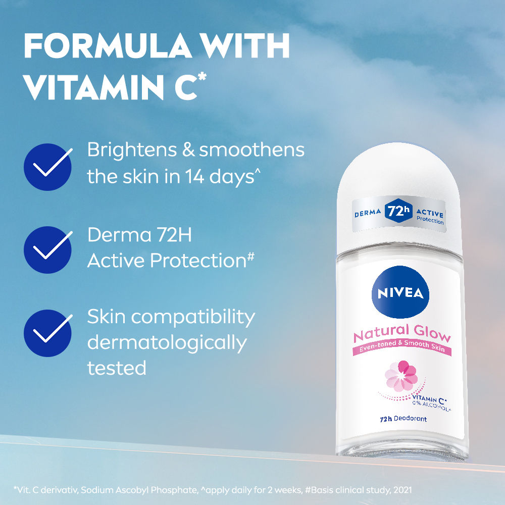 Nivea Natural Glow Even Toned Vit C & 0% Alcohol Deo Underarm Roll On 72Hr Active Protection Smooth Skin, 50ml Buy at Indicrest Image 5