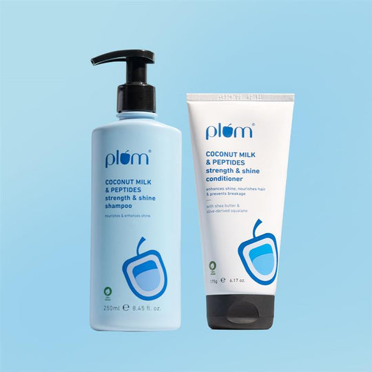 Plum Coconut & Peptides Soft Hair Duo| Shampoo, 250ml and Conditioner, 175g Enhances Shine | Strengthens Strands Buy at Indicrest
