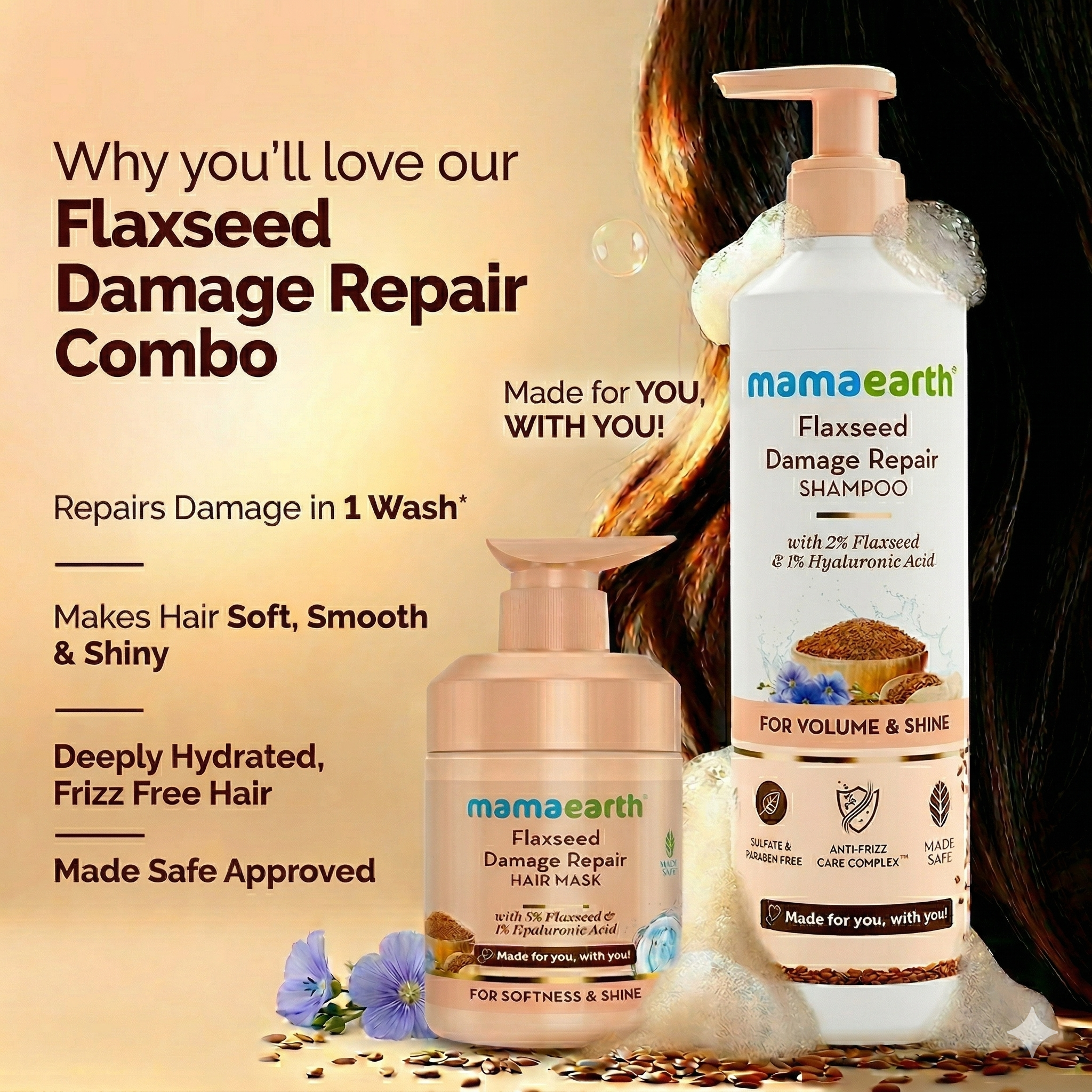 Mamaearth Flaxseed Damage Repair Combo, Shampoo 250 ml + Hair Mask 300 ml - Image 4 - Buy from Indicrest