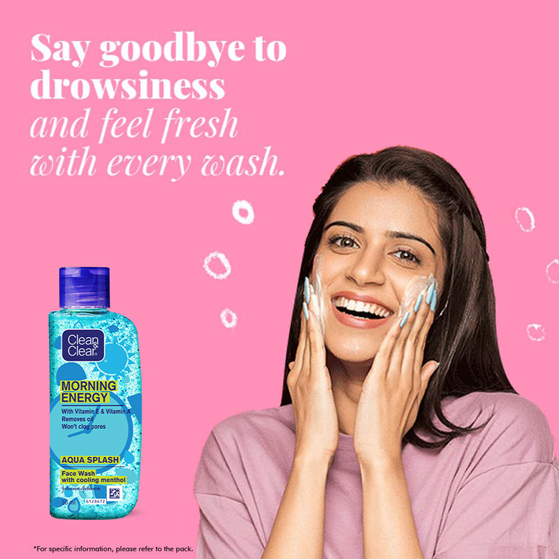 Clean & Clear Morning Energy Aqua Splash Face Wash - Gentle Cleanser with Menthol for Oily Skin, 50ml