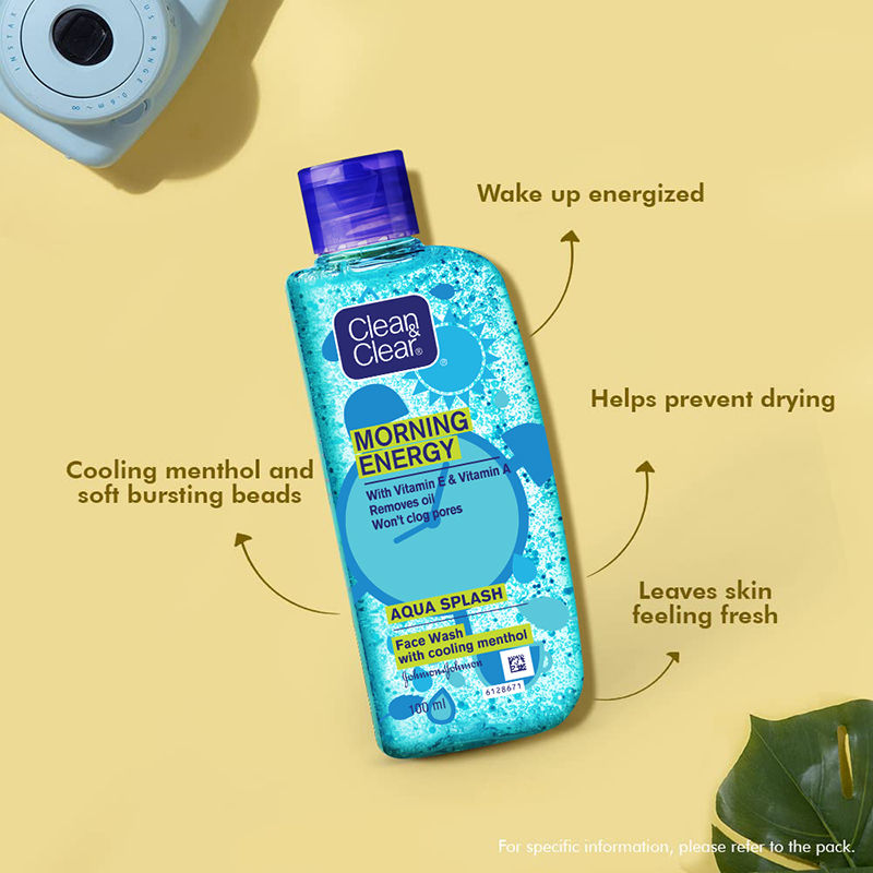Clean & Clear Morning Energy Aqua Splash Face Wash - Gentle Cleanser with Menthol for Oily Skin, 100ml