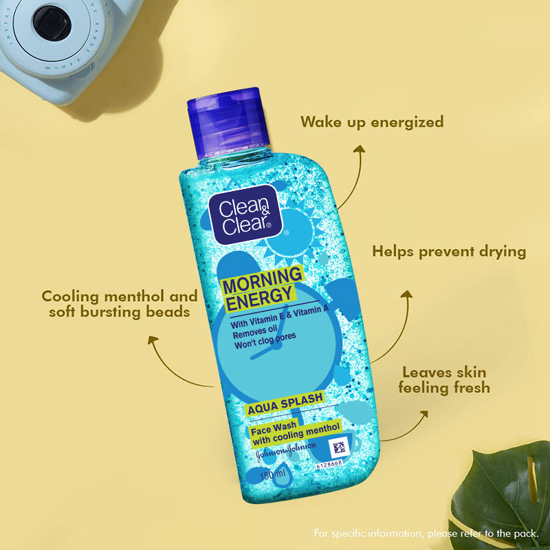 Clean & Clear Morning Energy Aqua Splash Face Wash - Gentle Cleanser with Menthol for Oily Skin, 150ml