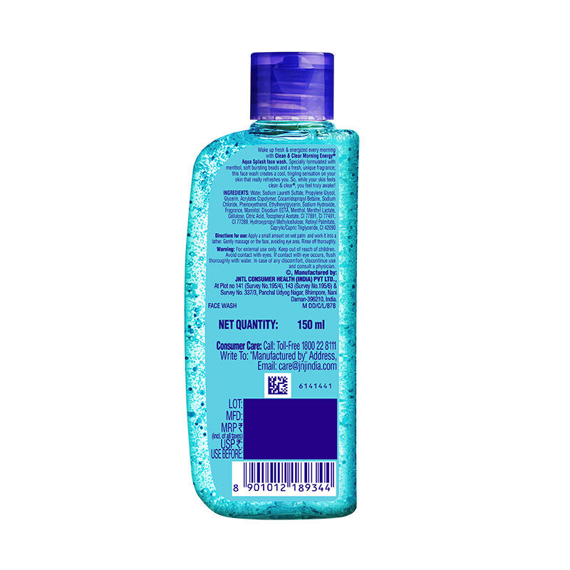 Clean & Clear Morning Energy Aqua Splash Face Wash - Gentle Cleanser with Menthol for Oily Skin, 150ml
