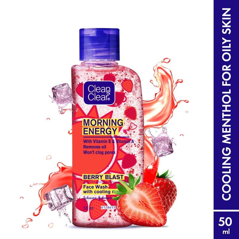 Clean & Clear Morning Energy Berry Blast Face Wash - Gentle Cleanser with Menthol for Oily Skin, 50ml