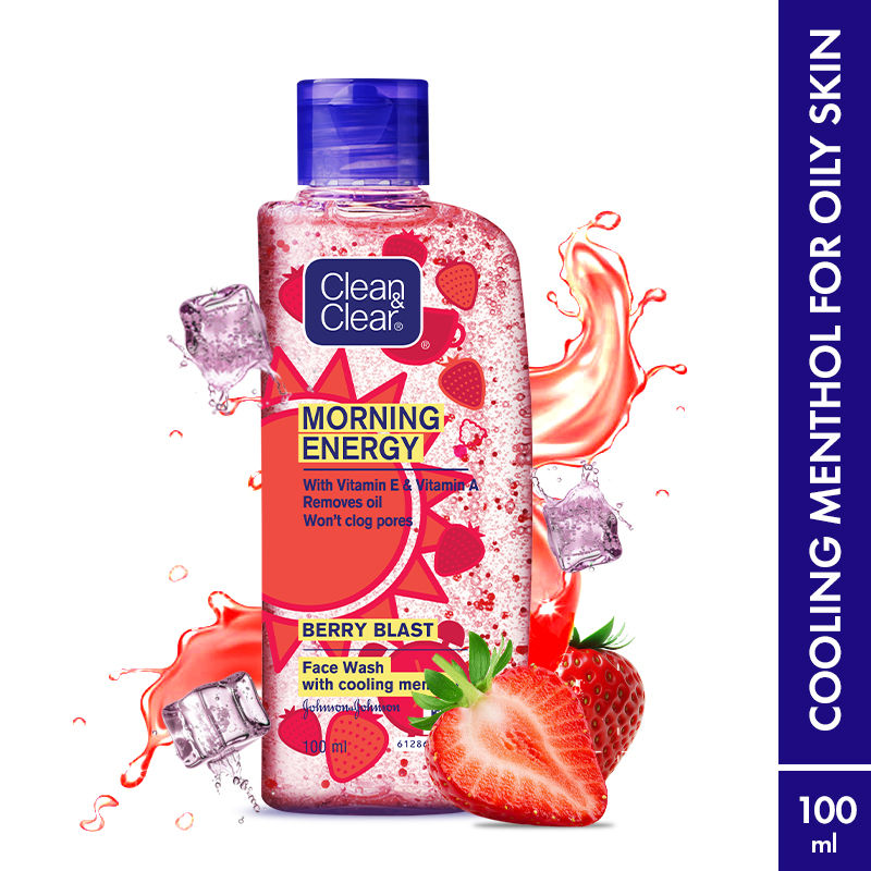 Clean & Clear Morning Energy Berry Blast Face Wash - Gentle Cleanser with Menthol for Oily Skin, 100ml