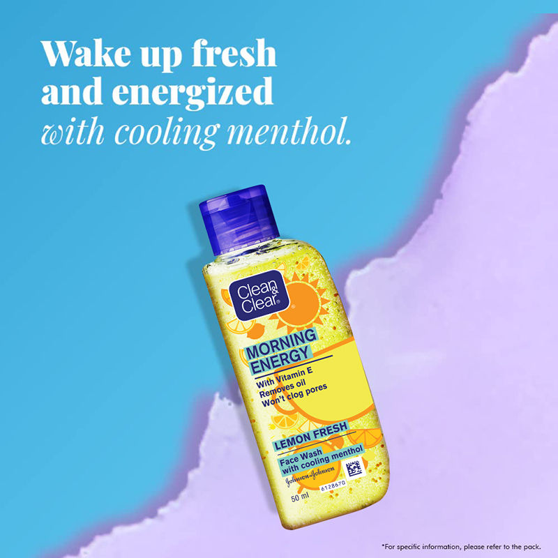 Clean & Clear Morning Energy Lemon Fresh Face Wash - Gentle Cleanser with Menthol for Oily Skin, 50ml