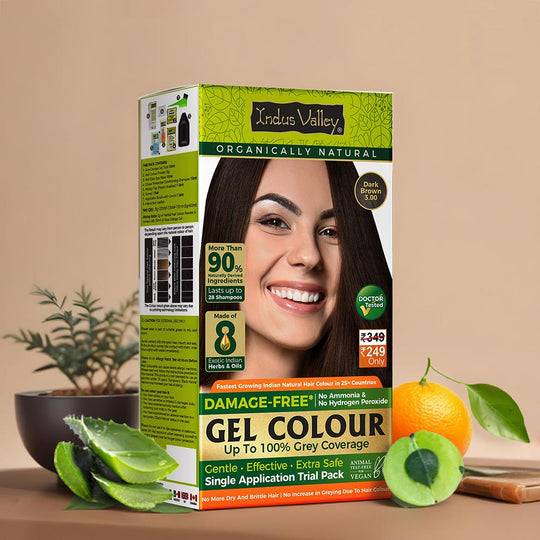 INDUS VALLEY Damage Free Natural Gel Hair Colour for Men and Women, Ammonia & PPD Free Natural and Organic Hair Colour with 100% Grey Coverage, Long Lasting Hair Color Dark Brown 3.00 – 65gm (Trial Pack) - Single Application Buy at Indicrest