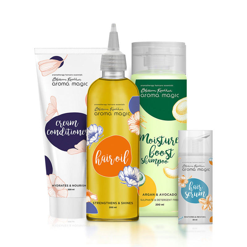 Aroma Magic Dry & Damaged Hair Care Regime, Hair Oil 200ml + Moisture Boost Shampoo 200ml + Cream Conditioner 200ml + Hair Serum 30ml - Buy from Indicrest