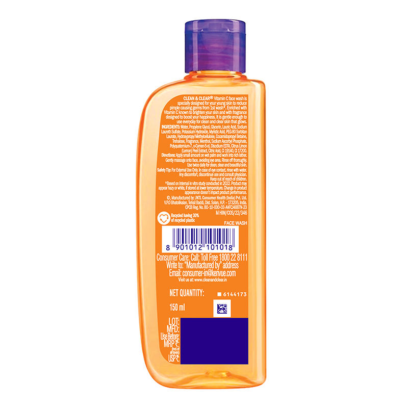 Clean & Clear Vitamin C Face Wash - Gentle Brightening & Hydrating Cleanser Reduces Acne In 7 Days, 150ml Buy at Indicrest Image 7