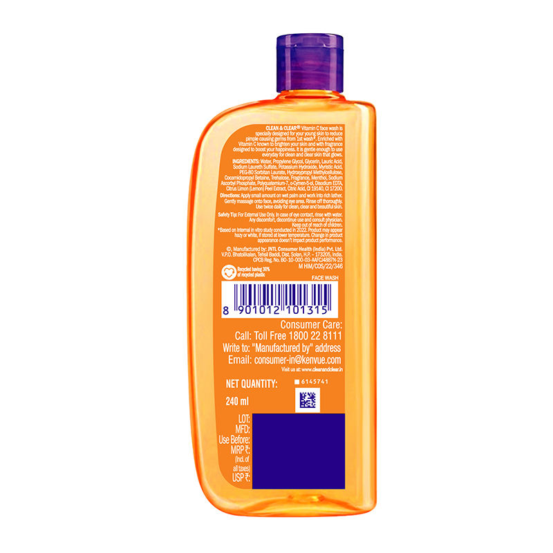 Clean & Clear Vitamin C Face Wash - Gentle Brightening & Hydrating Cleanser Reduces Acne In 7 Days, 240ml Buy at Indicrest Image 7