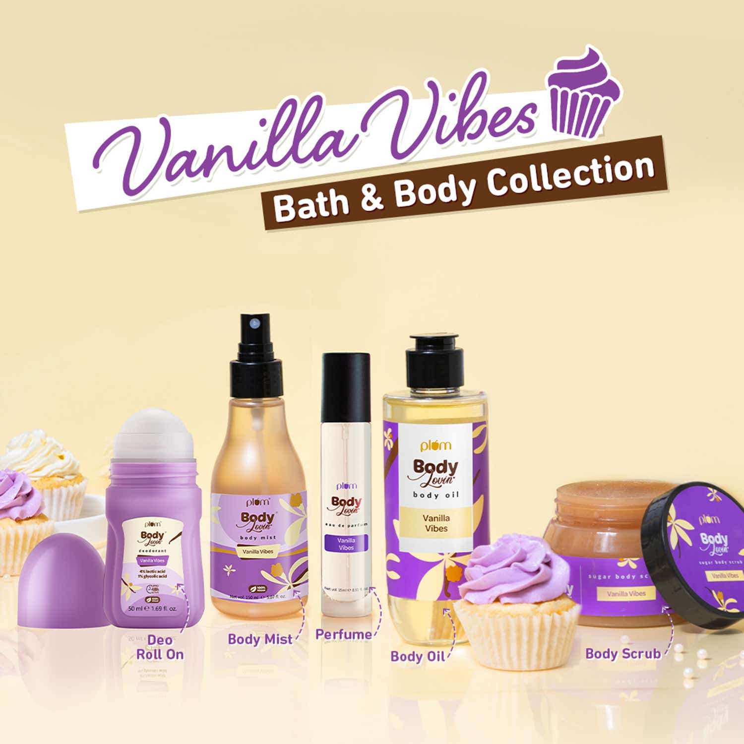 Plum Smell Like A Vanilla Cupcake Duo by Plum BodyLovin' Vanilla Vibes Body Mist, 150ml | Plum BodyLovin' Vanilla Vibes Body Oil, 200ml | Warm Vanilla Fragrance