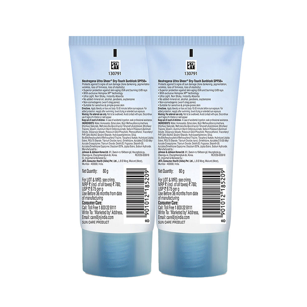 Neutrogena Ultrasheer SPF50+ PA+++ Ultra Light Face Sunscreen For Dry & Oily Skin Super Value, Pack 2 X 80g