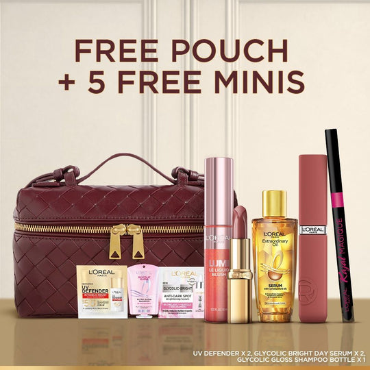 L'Oreal Paris Festive Icons Makeup Kit - 2 Lipsticks, Blush, Kajal, Hair Serum + Free Premium Pouch, 10 pieces Buy at Indicrest