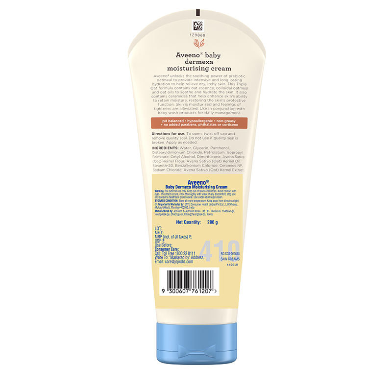 Aveeno Baby Dermexa Moisturising Cream - Prebiotic Oat + Ceramides For Dry, Itchy, Eczema prone skin, 206g