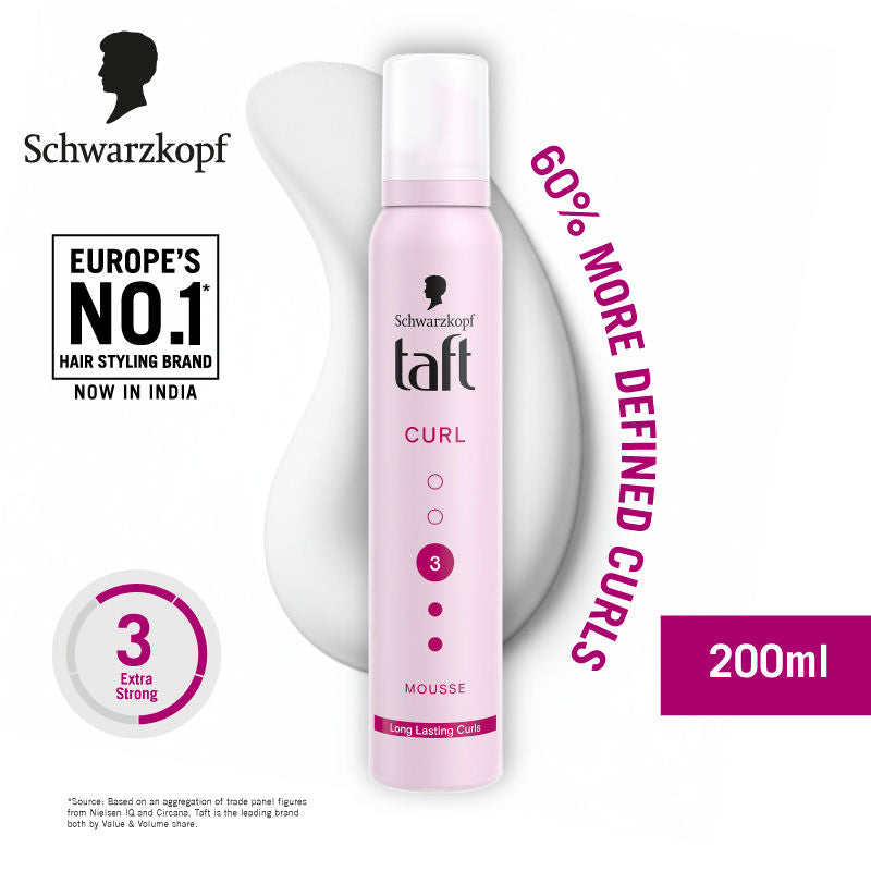 Schwarzkopf TAFT Curl Hold 3 Hair Mousse For Long Lasting Curls Weather-Proof Formula, 200ml