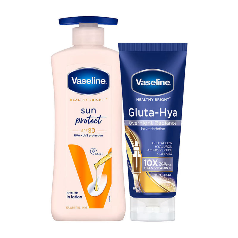 Vaseline Gluta Hya Overnight Radiance , 200ml + Sun Protect SPF 30 Body Lotion, 400ml Combo, 2 pieces Buy at Indicrest