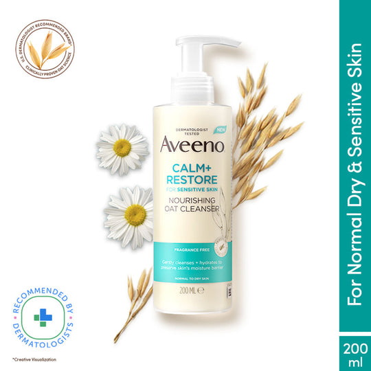 Aveeno Calm + Restore Non Foaming Moisturising Oat Face Wash Dry Sensitive Skin Dermat Recommended, 200ml