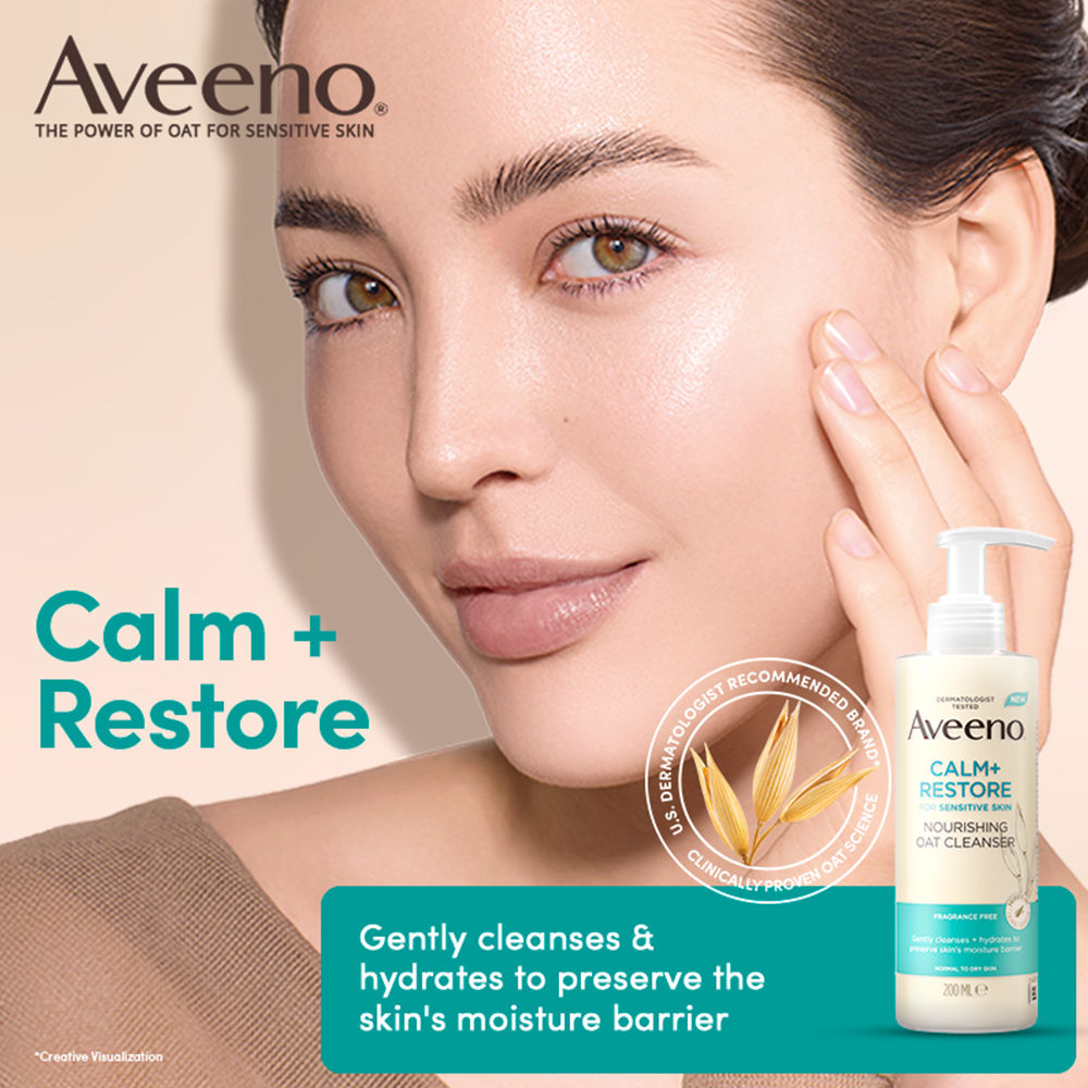 Aveeno Calm + Restore Non Foaming Moisturising Oat Face Wash Dry Sensitive Skin Dermat Recommended, 200ml