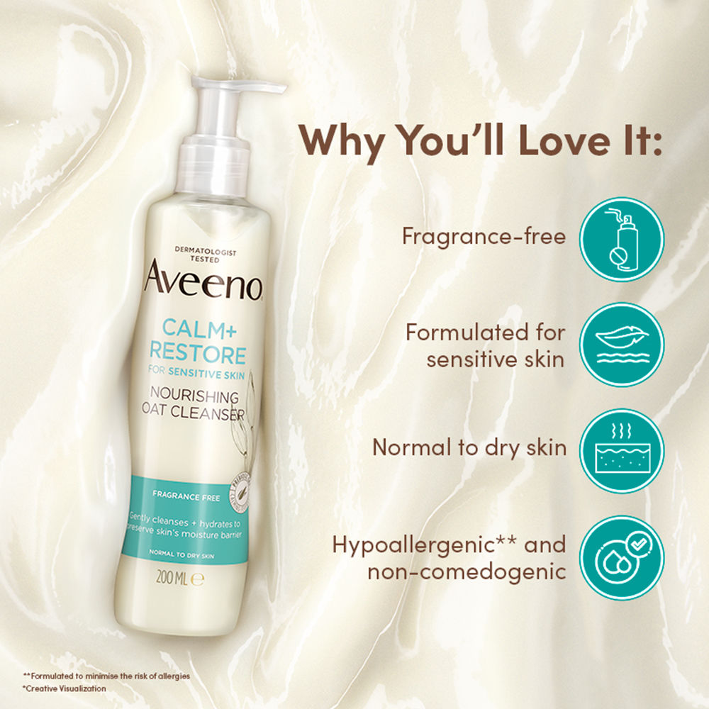 Aveeno Calm + Restore Non Foaming Moisturising Oat Face Wash Dry Sensitive Skin Dermat Recommended, 200ml