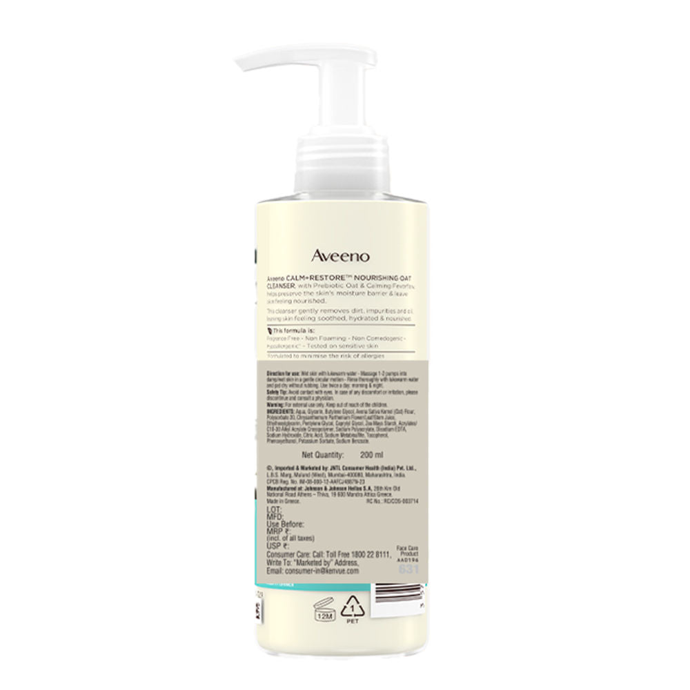 Aveeno Calm + Restore Non Foaming Moisturising Oat Face Wash Dry Sensitive Skin Dermat Recommended, 200ml