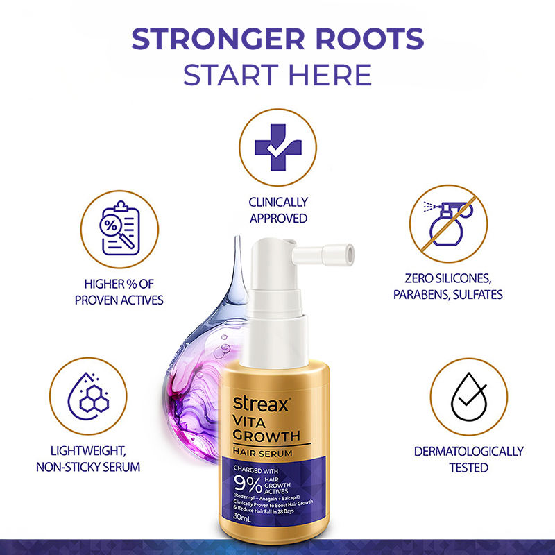 Streax Vitagrowth Hair Serum with 3% Redensyl, 3% Anagain, 3% Baicapil, Biotin & Caffeine, 30ml Buy at Indicrest Image 8