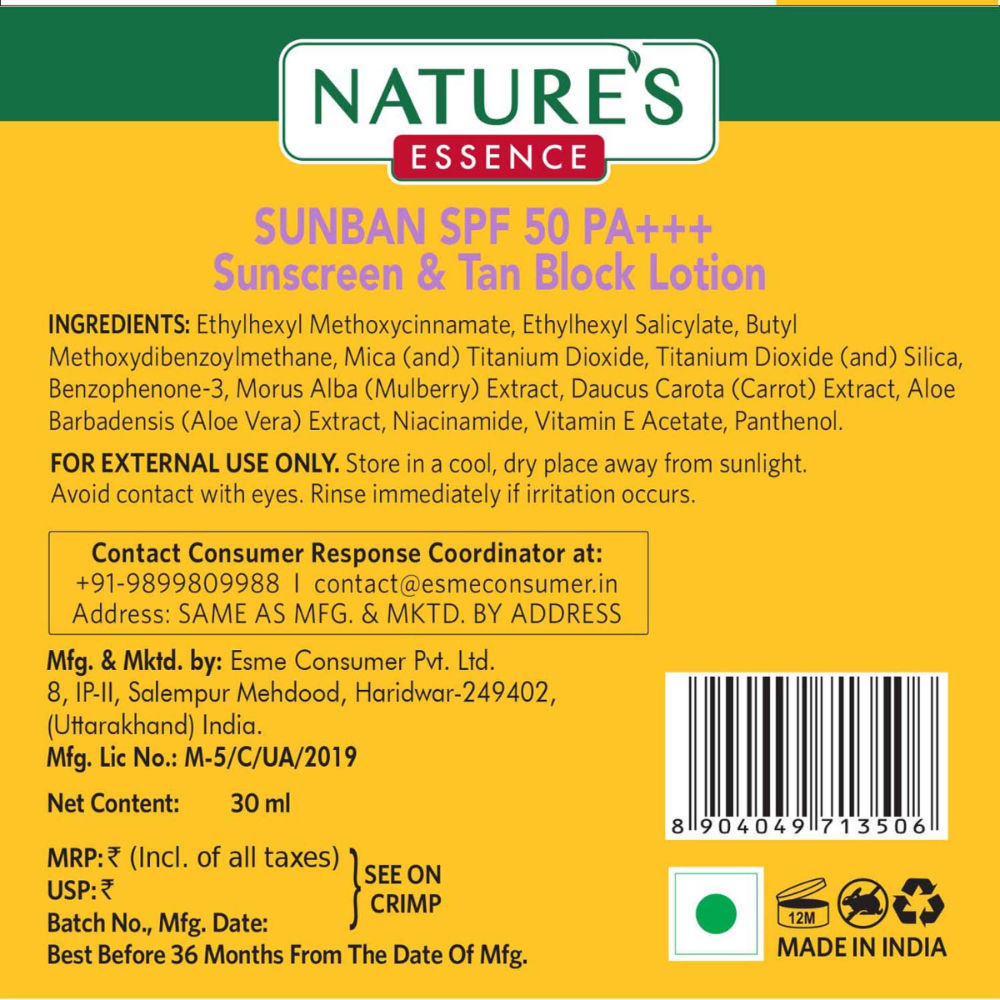 Nature's Essence Sunban SPF 50 PA+++ Sunscreen & Tan Block Lotion, 30ml Buy at Indicrest Image 7