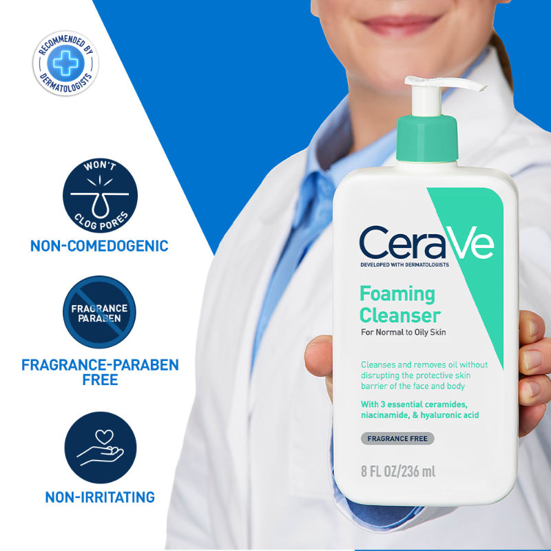 CeraVe Foaming Cleanser Face Wash For Oily Skin with Hyaluronic Acid, Ceramides & Niacinamide, 236ml Buy at Indicrest Image 2