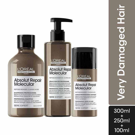L'Oreal Professionnel Absolut Repair Molecular Shampoo, 300ml | Rinse-Off Serum, 250ml & Leave-In Cream, 100ml Combo Buy at Indicrest