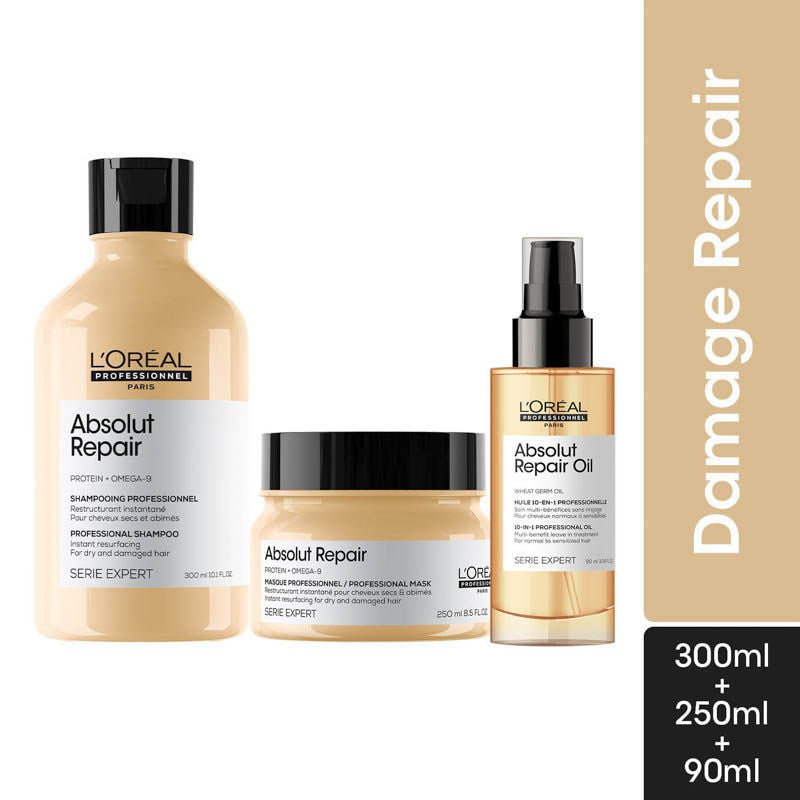 L'Oreal Professionnel Absolut Repair Shampoo, 300ml | Hair Mask, 250ml | Hair Serum, 90g Combo For Damaged Hair