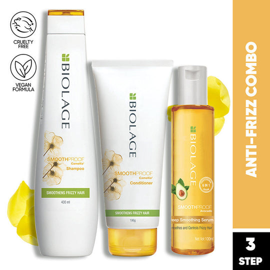 Biolage Frizz-Free Hair Regime With Smoothproof Shampoo, 400ml + Conditioner, 196g + Serum 100ml Combo Buy at Indicrest