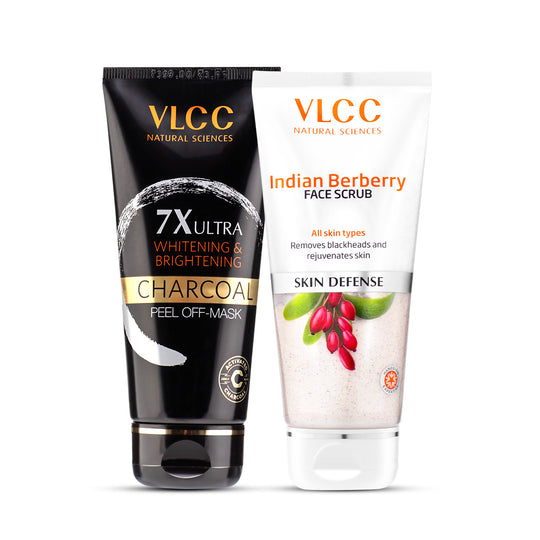 VLCC Charcoal Peel Off Mask 7X Ultra Whitening and Brightening and Indian Berberry Face Scrub - Buy from Indicrest