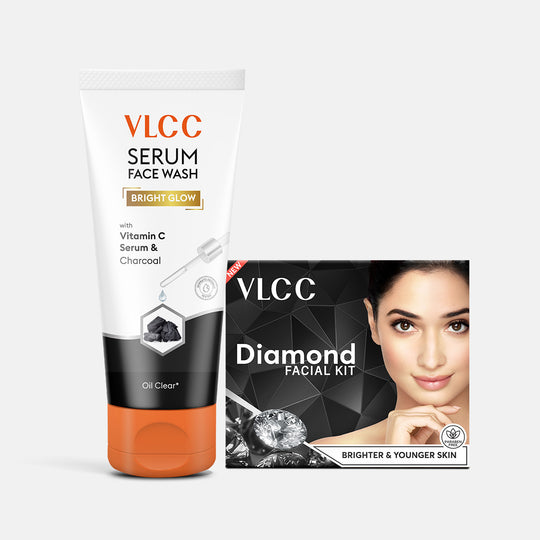 VLCC Diamond Facial Kit with Diamond Bhasma and Bright Glow Serum Facewash with Vitamin C Serum and Charcoal - Buy from Indicrest