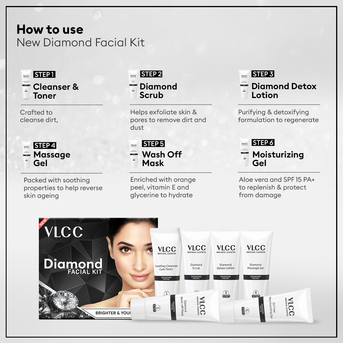 VLCC Diamond Facial Kit with Diamond Bhasma and Bright Glow Serum Facewash with Vitamin C Serum and Charcoal - Image 4 - Buy from Indicrest