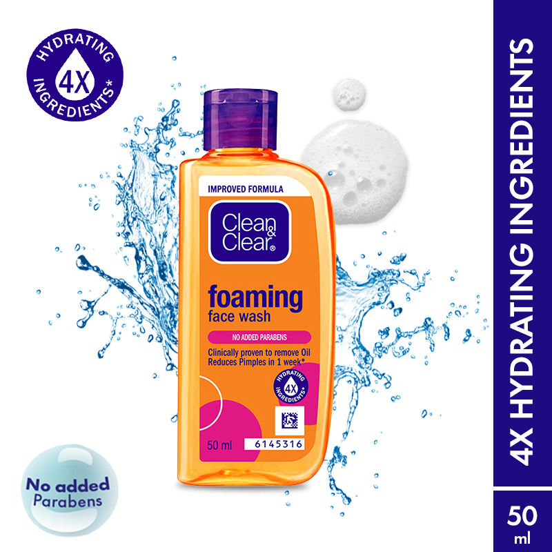 Clean & Clear Foaming Face Wash - Hydrating Cleanser for Oily Skin & Reduces Acne In 7 Days, 50ml
