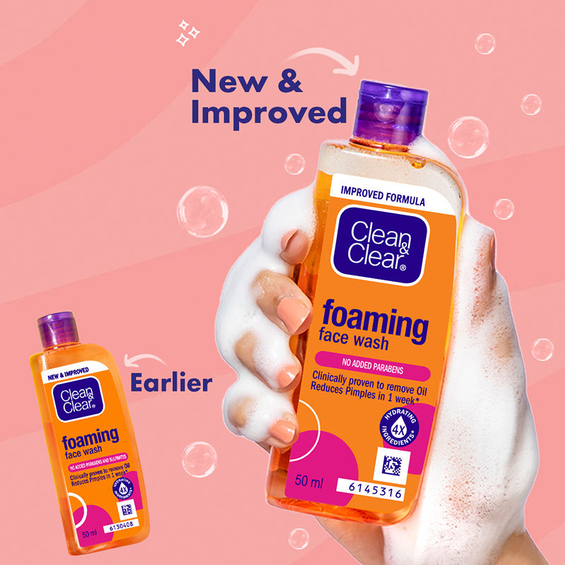 Clean & Clear Foaming Face Wash - Hydrating Cleanser for Oily Skin & Reduces Acne In 7 Days, 50ml