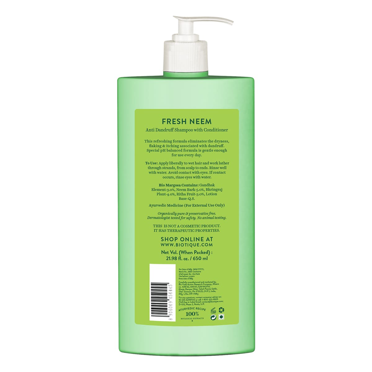 Biotique Fresh Neem Anti Dandruff Shampoo & Conditioner, 650ml - Image 2 - Buy from Indicrest
