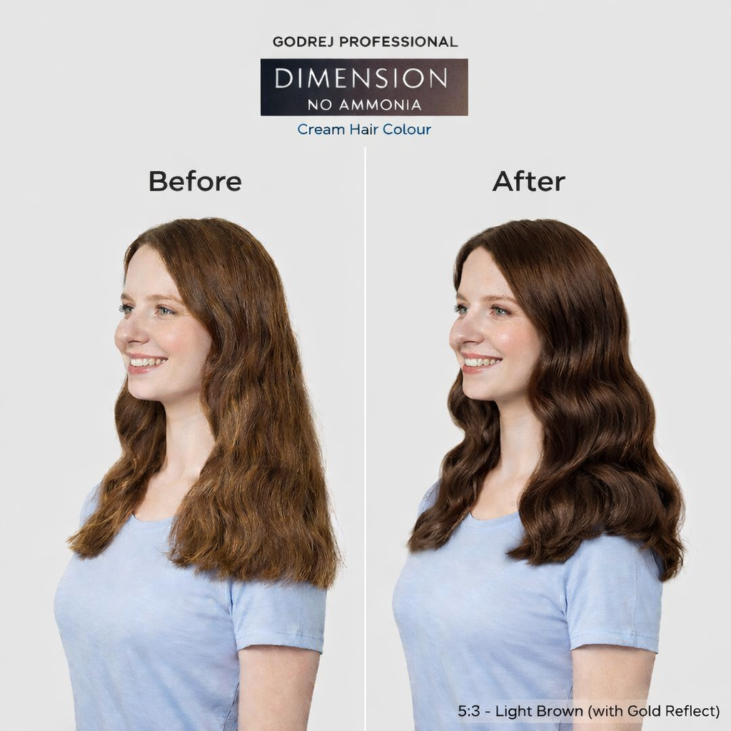 Godrej Professional Dimension No Ammonia Cream Hair Colour 5.3 Light Brown before and after result showing visible hair colour transformation