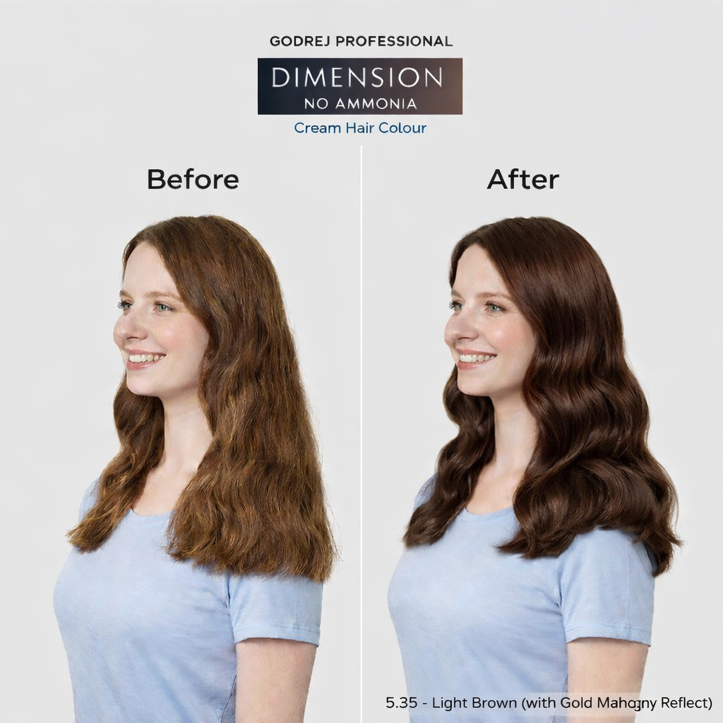 Godrej Professional Dimension No Ammonia Cream Hair Colour 5.35 Light Brown before and after result showing visible hair colour transformation