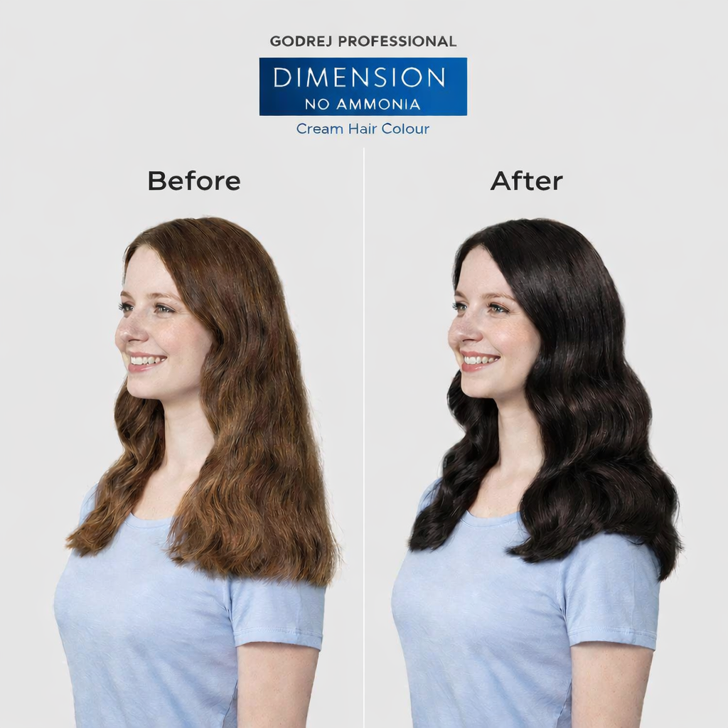 Godrej Professional Dimension No Ammonia Cream Hair Colour 5 Light Brown before and after result showing visible hair colour transformation