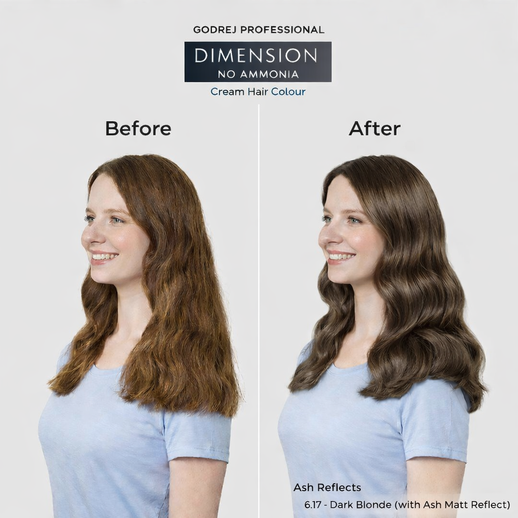 Godrej Professional Dimension No Ammonia Cream Hair Colour 6.17 Dark Blonde before and after result showing visible hair colour transformation