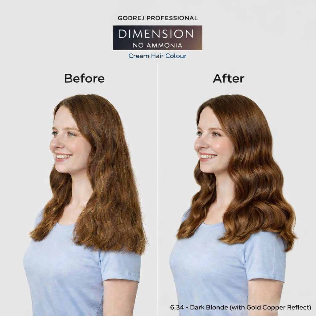 Godrej Professional Dimension No Ammonia Cream Hair Colour 6.34 Dark Blonde before and after result showing visible hair colour transformation