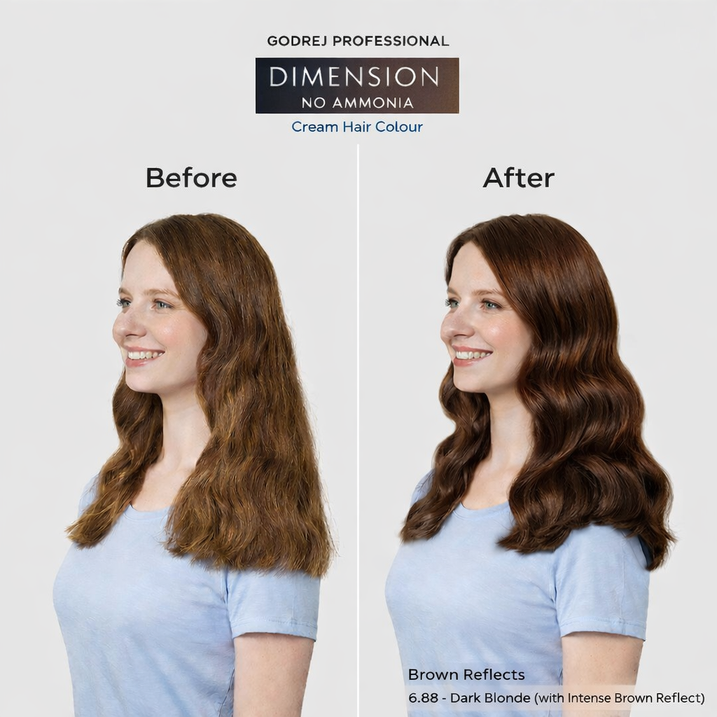 Godrej Professional Dimension No Ammonia Cream Hair Colour 6.88 Dark Blonde before and after result showing visible hair colour transformation